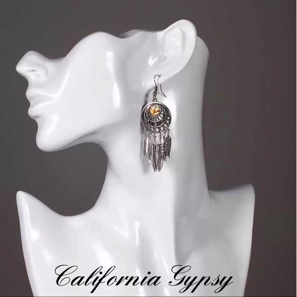 Silver Abalone Feather Bohemian Earrings - Picture 5 of 9